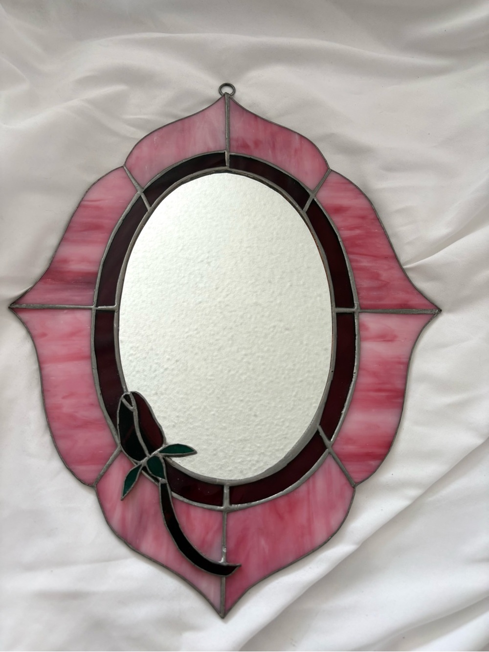 Vintage stained glass pink rose mirror wall hanging home decor 1960s